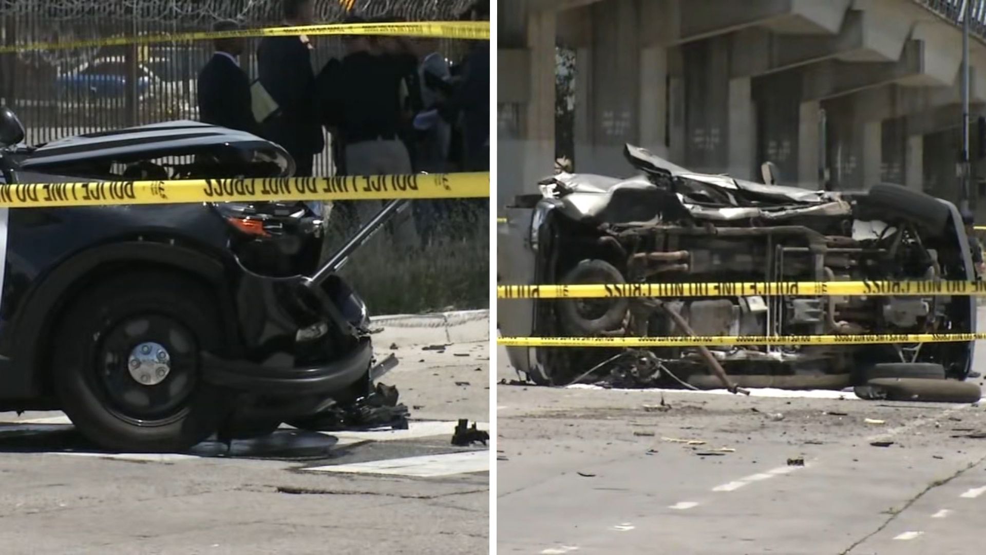 Source-feed image associated with 2 dead, Oakland police officer injured after stolen SUV crashes into patrol vehicle, authorities say