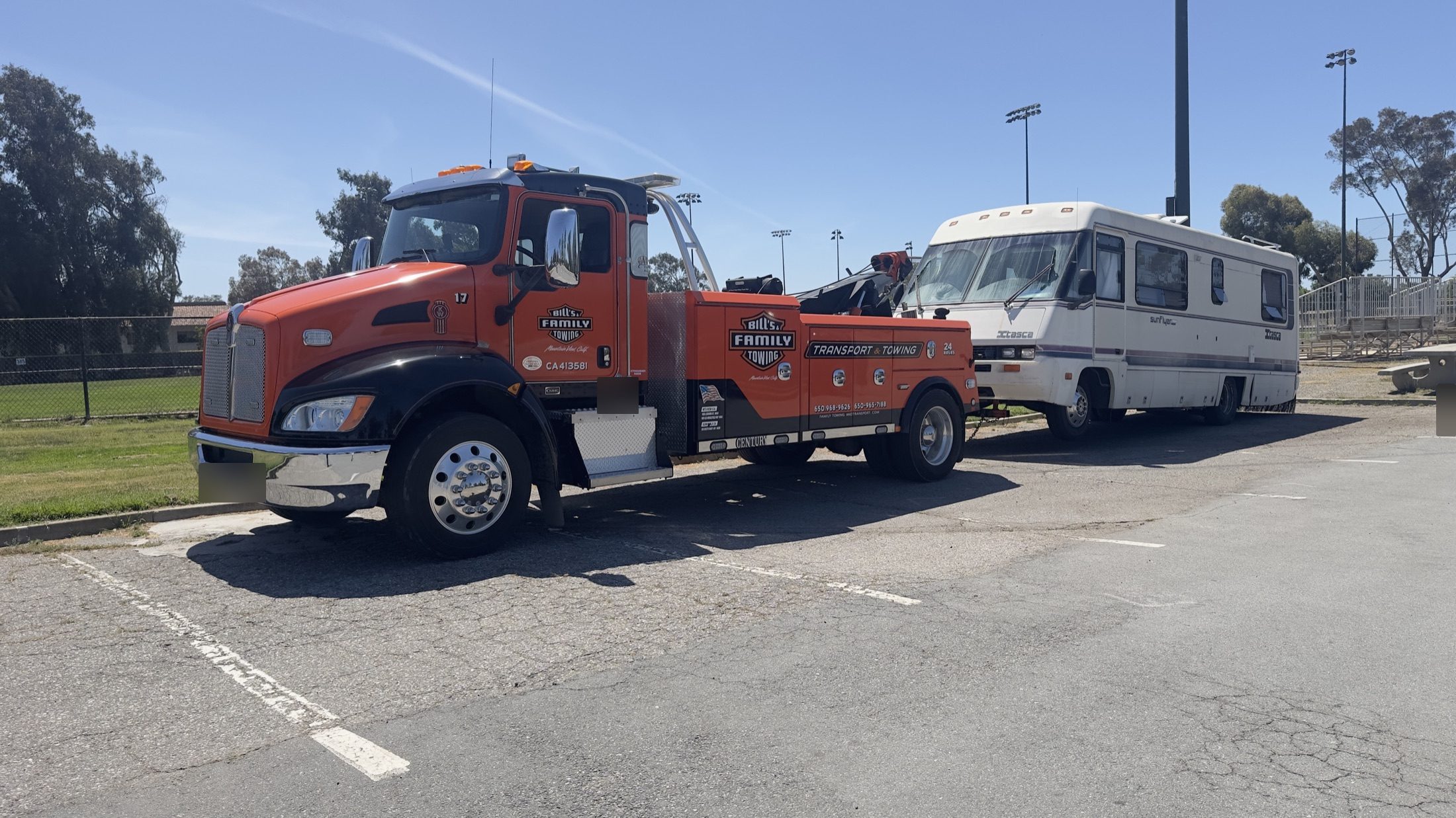 Bill's Family Towing truck towing an RV on June 1, 2026